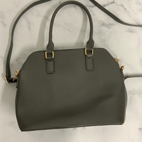 Crossi Gray Faux Alligator Satchel Handbag – Gold Hardware, Detachable Strap - Picture 2 of 14